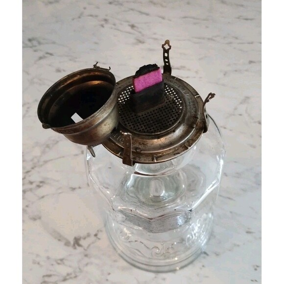 Vintage Clear Glass Wedding Scroll Base Oil Lamp Paneled Font White Flame Light - Picture 13 of 13